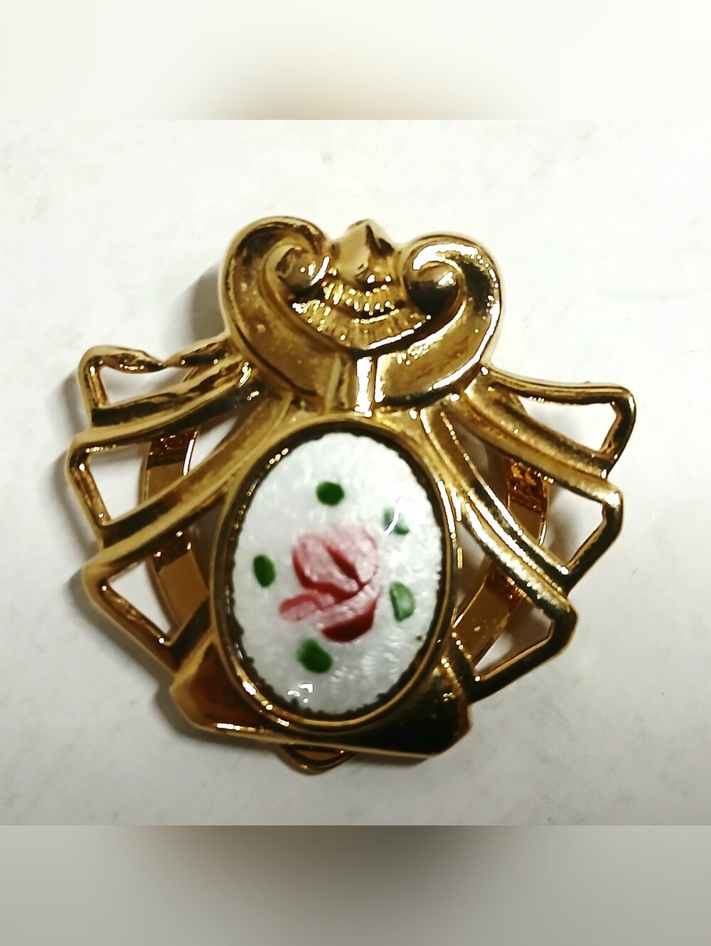 Vintage Goldtone Floral Cameo Scarf Clip - Pink Rose Accent